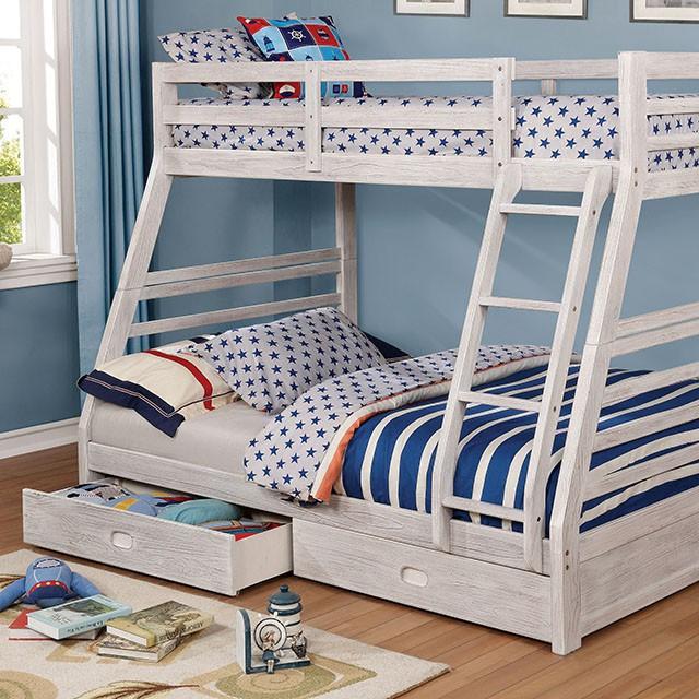 California III Wire-Brushed White Twin/Full Bunk Bed w/ 2 Drawers - Furniture 4 Less Outlet (Salinas,CA)