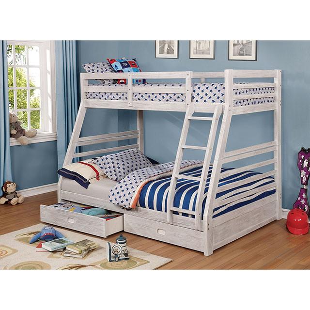 California III Wire-Brushed White Twin/Full Bunk Bed w/ 2 Drawers - Furniture 4 Less Outlet (Salinas,CA)