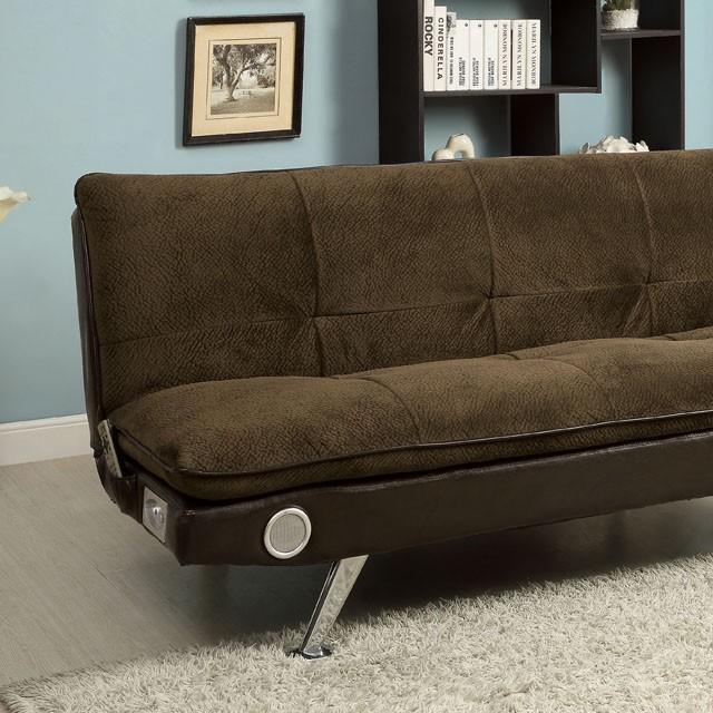 GALLAGHER Dark Brown/Chrome Futon Sofa w/ Bluetooth Speaker, Brown - Furniture 4 Less Outlet (Salinas,CA)