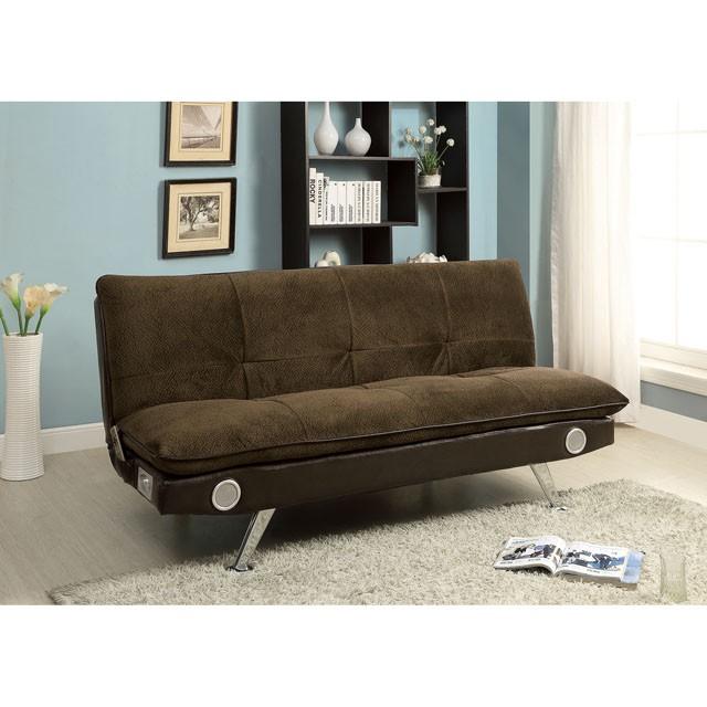 GALLAGHER Dark Brown/Chrome Futon Sofa w/ Bluetooth Speaker, Brown - Furniture 4 Less Outlet (Salinas,CA)