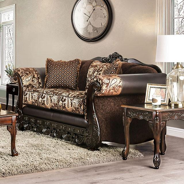Newdale Brown/Gold Love Seat - Furniture 4 Less Outlet (Salinas,CA)