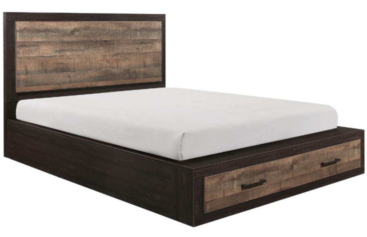 Miter Queen Platform Bed with Footboard Storage in Rustin Mahogany & Dark Ebony 1762-1 - Furniture 4 Less Outlet (Salinas,CA)