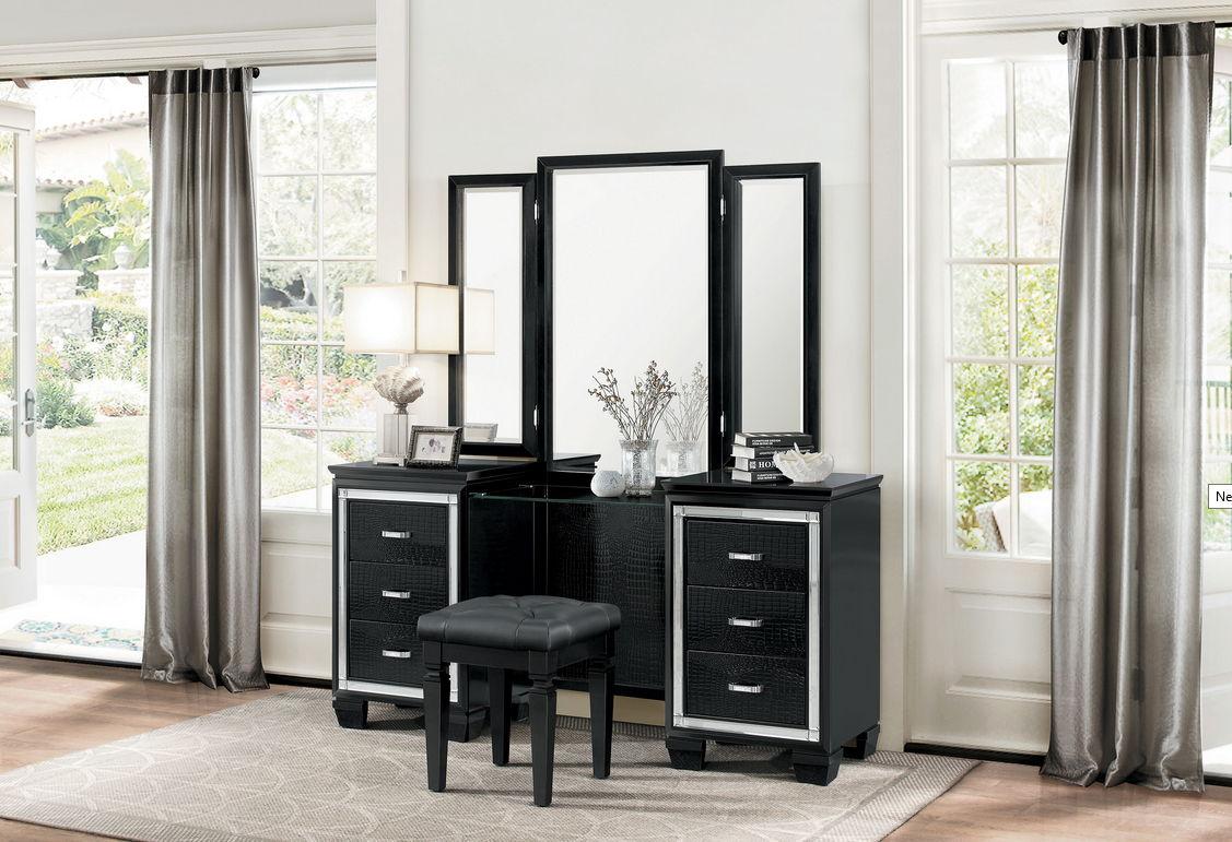 Allura Vanity Dresser with Mirror in Black 1916BK-15 - Furniture 4 Less Outlet (Salinas,CA)