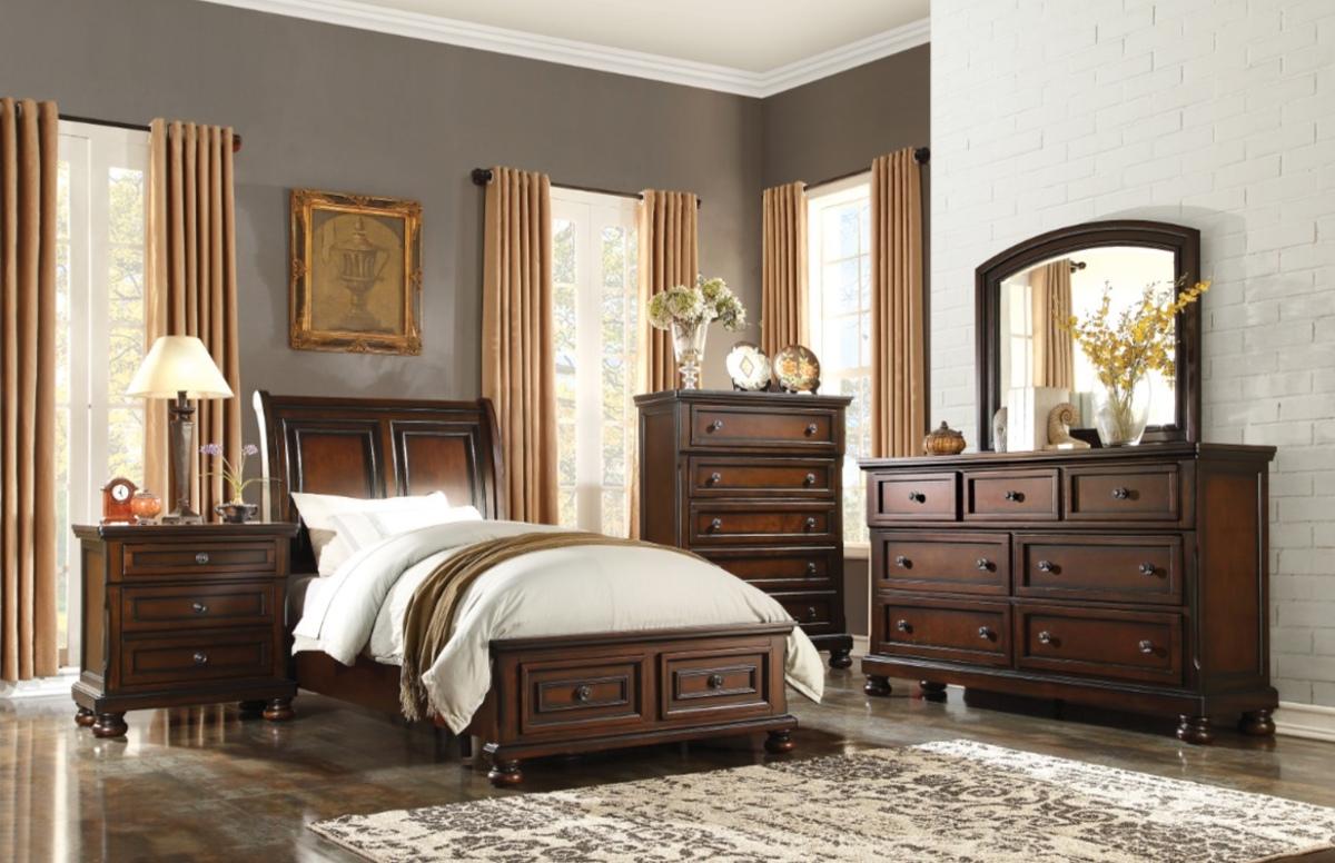 Cumberland Queen Sleigh Platform Bed with Footboard Storage in Brown Cherry 2159-1 - Furniture 4 Less Outlet (Salinas,CA)