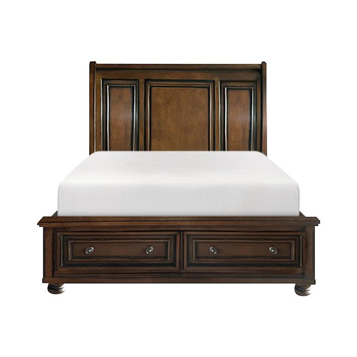 Cumberland Queen Sleigh Platform Bed with Footboard Storage in Brown Cherry 2159-1 - Furniture 4 Less Outlet (Salinas,CA)