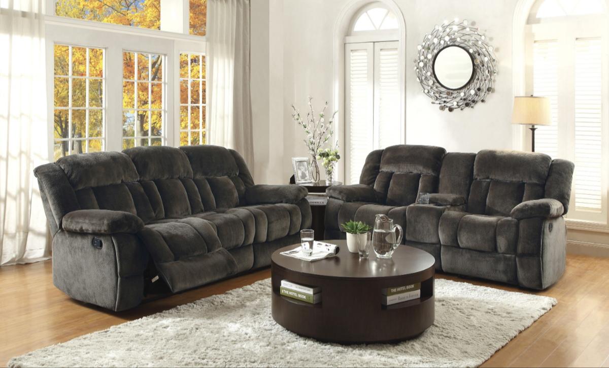 Laurelton Double Glider Reclining Loveseat w/ Center Console in Chocolate 9636-2 - Furniture 4 Less Outlet (Salinas,CA)