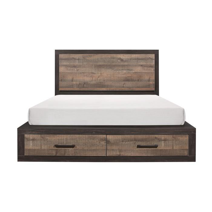 Miter Queen Platform Bed with Footboard Storage in Rustin Mahogany & Dark Ebony 1762-1 - Furniture 4 Less Outlet (Salinas,CA)