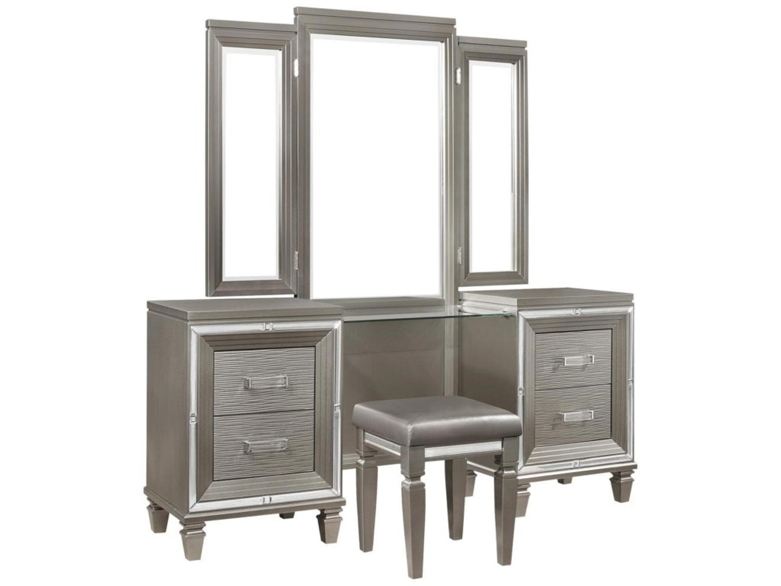Tamsin 3pcs Vanity Dresser with Mirror in Silver Grey Metallic 1616-15 - Furniture 4 Less Outlet (Salinas,CA)