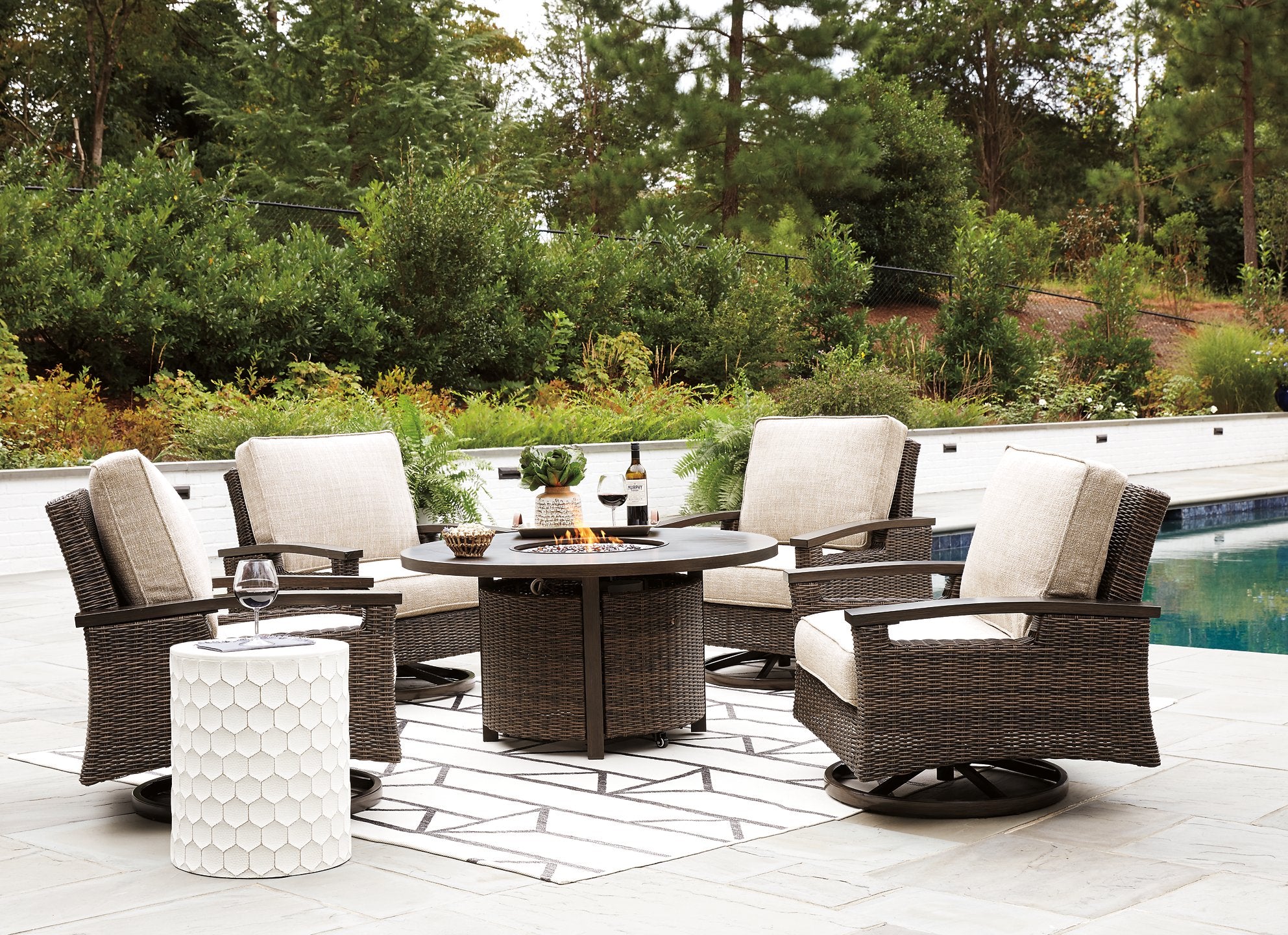 Paradise Trail Paradise Trail Fire Pit Table with 4 Nuvella Swivel Lounge Chairs - Furniture 4 Less Outlet (Salinas,CA)