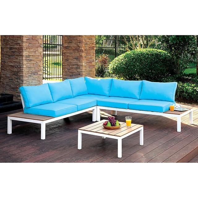 WINONA White/Oak/Blue Patio Sectional w/ Table - Furniture 4 Less Outlet (Salinas,CA)