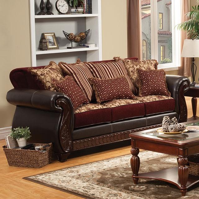 Franklin Burgundy/Espresso Sofa, Burgundy - Furniture 4 Less Outlet (Salinas,CA)