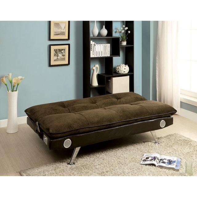GALLAGHER Dark Brown/Chrome Futon Sofa w/ Bluetooth Speaker, Brown - Furniture 4 Less Outlet (Salinas,CA)