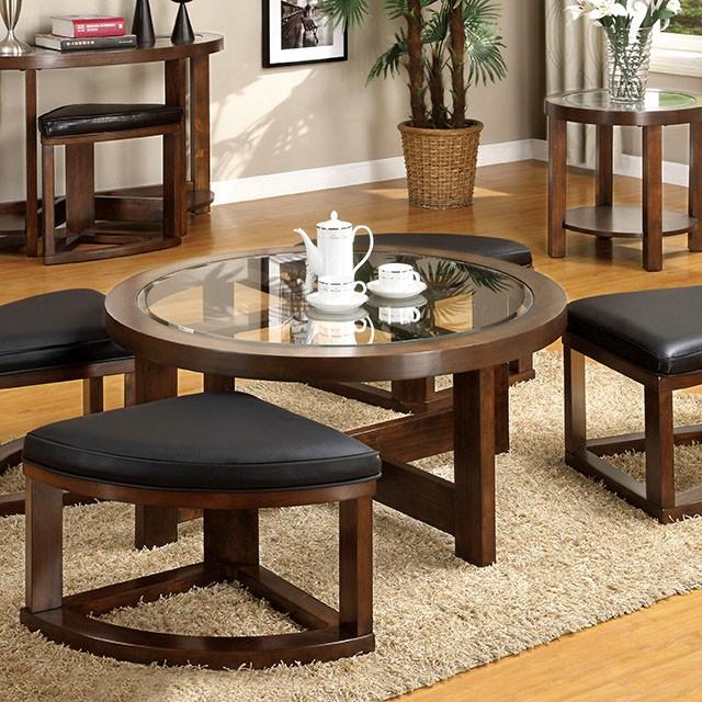 Crystal Cove II Dark Walnut Round Coffee Table w/ 4 Stools - Furniture 4 Less Outlet (Salinas,CA)