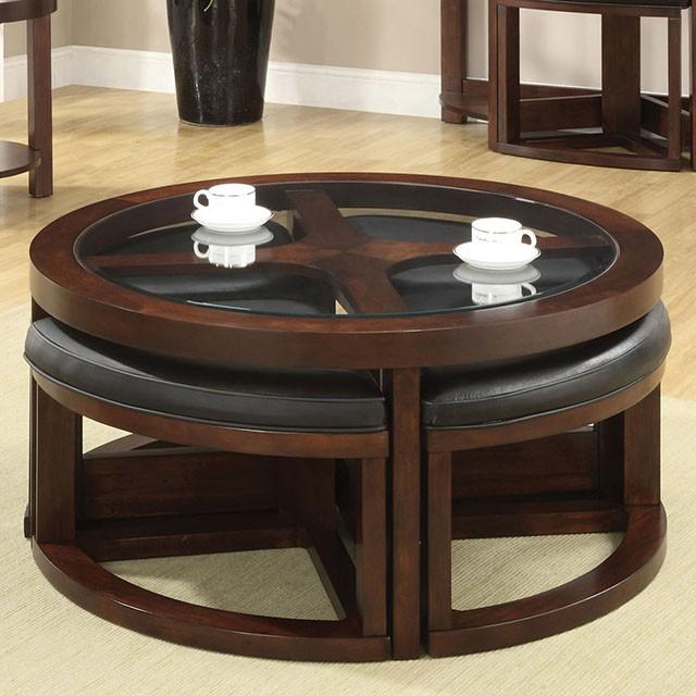 Crystal Cove II Dark Walnut Round Coffee Table w/ 4 Stools - Furniture 4 Less Outlet (Salinas,CA)