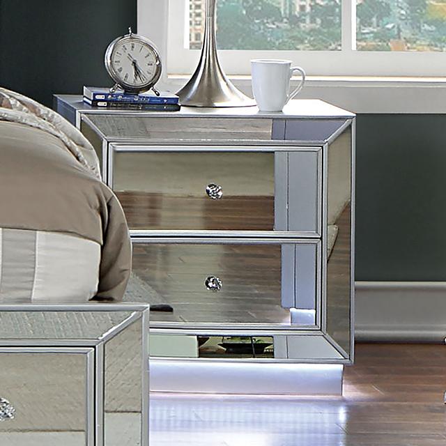 BELLADONNA Night Stand w/ LED & USB, Silver - Furniture 4 Less Outlet (Salinas,CA)