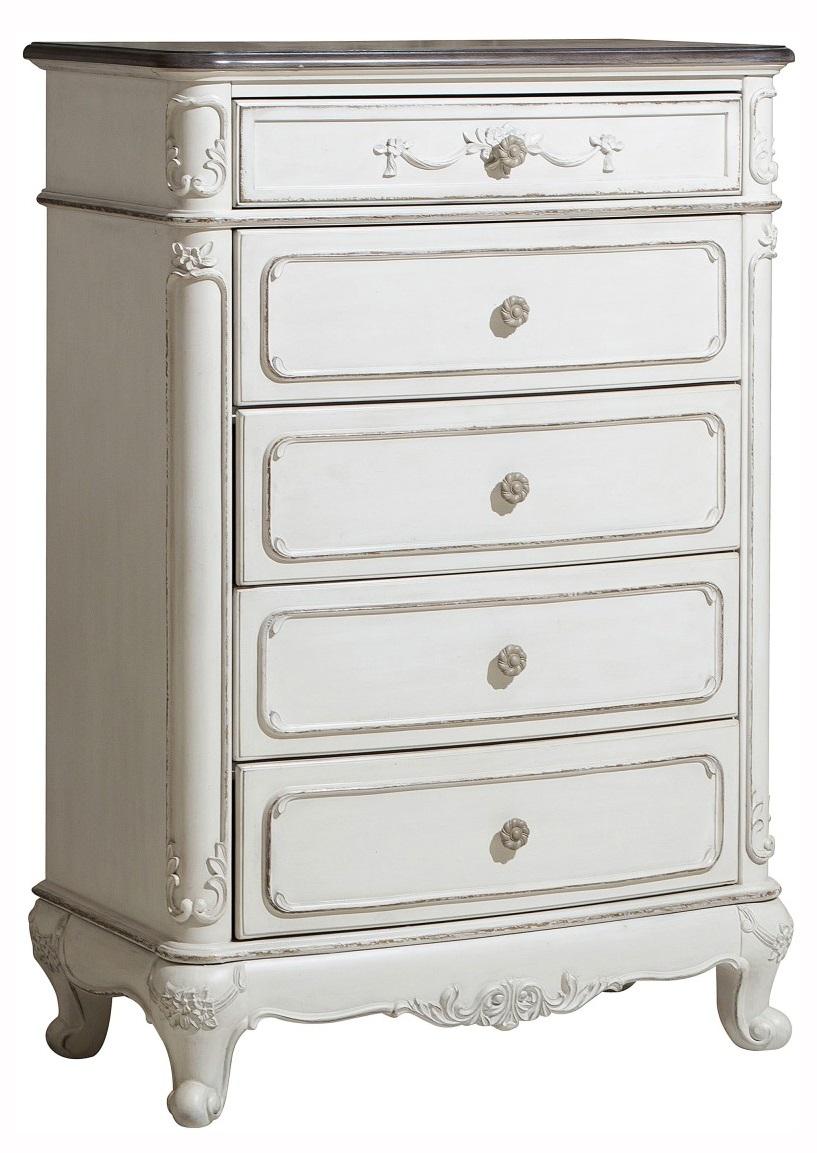 Cinderella 5 Drawer Chest in Antique White with Grey Rub-Through 1386NW-9 - Furniture 4 Less Outlet (Salinas,CA)