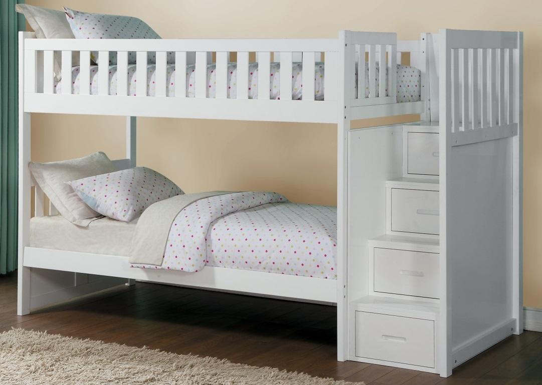 Galen Bunk Bed w/ Reversible Step Storage in White B2053SBW-1 - Furniture 4 Less Outlet (Salinas,CA)