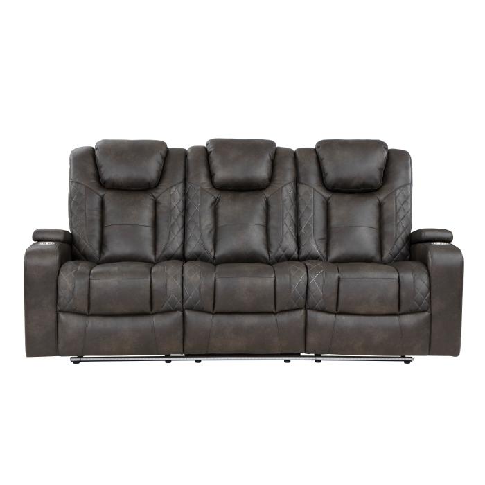9211BRG-3PWH - Power Double Reclining Sofa with Center Drop-Down Cup Holders, Power Headrests, Storage Arms and Cup holders - Furniture 4 Less Outlet (Salinas,CA)